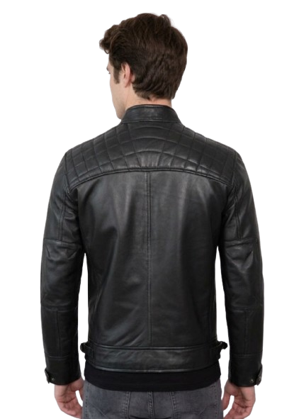 Men's Black Leather Biker Style Quilted Shoulder Jacket