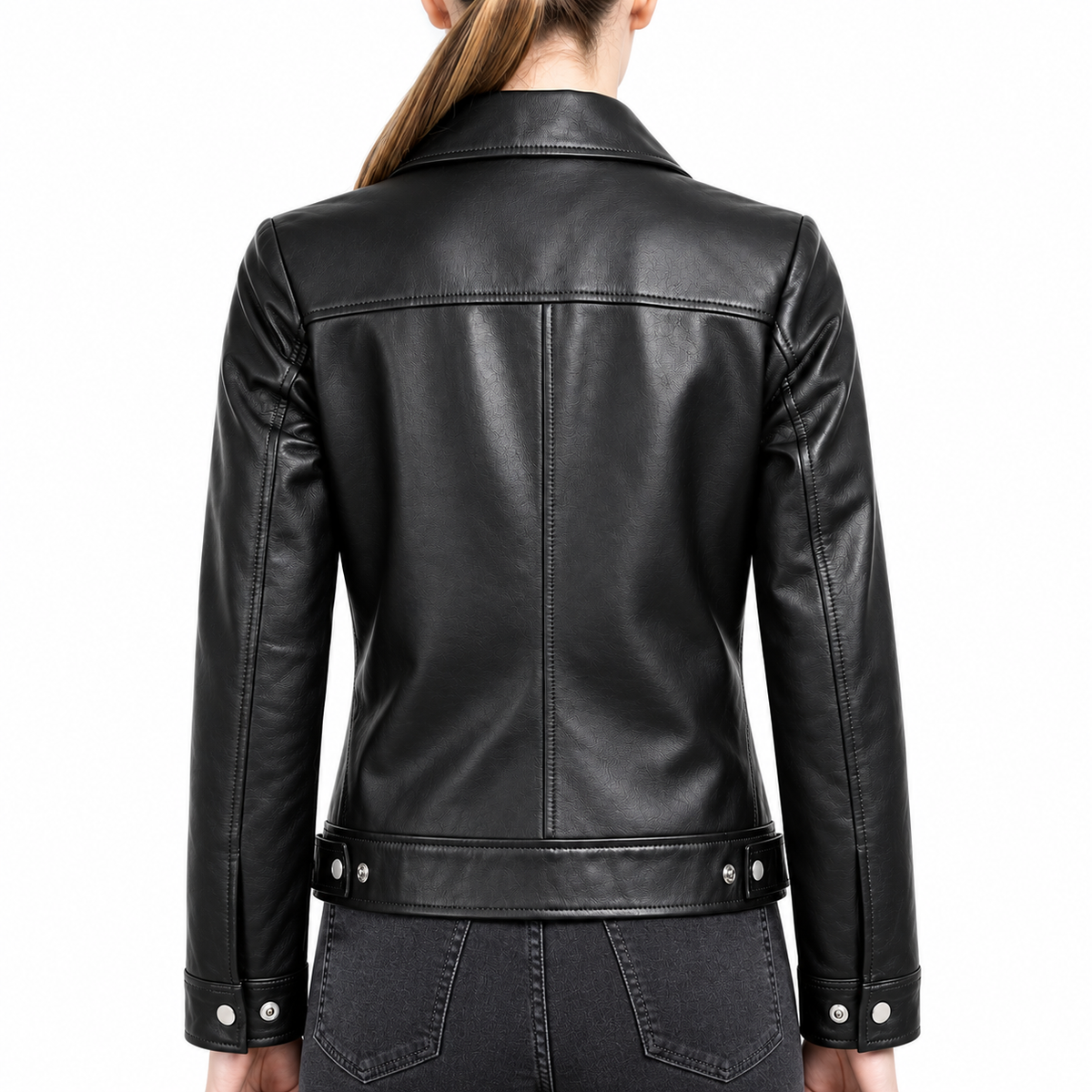 Women's Black Shirt Collar Harrington Leather Jacket