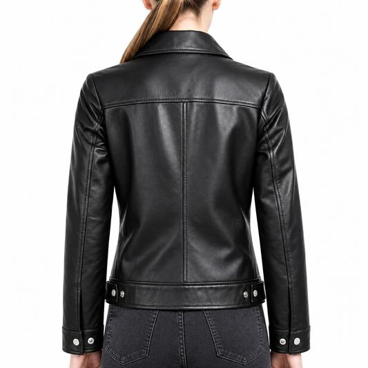 Women's Black Shirt Collar Harrington Leather Jacket
