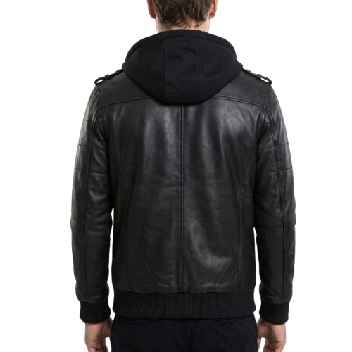 Mens Black Leather Hooded Jacket with Removable Hood