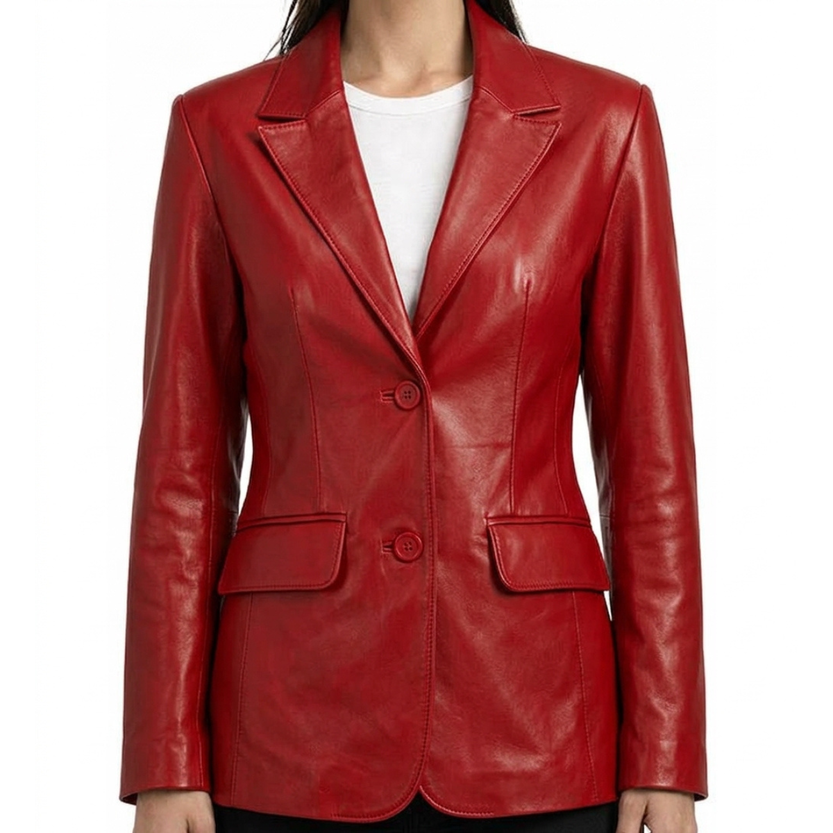 Women's Red Lambskin Leather Blazer Jacket