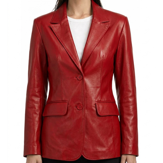 Women's Red Lambskin Leather Blazer Jacket