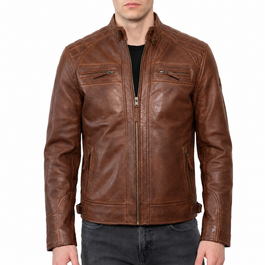 Men's Cognac Lambskin Leather Jacket with Quilted Shoulders