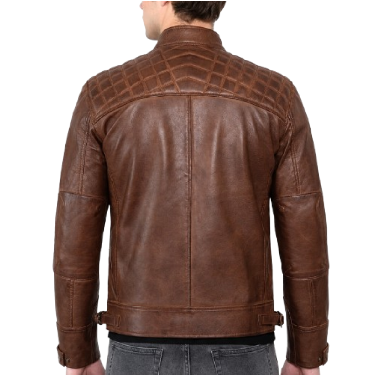 Men's Cognac Lambskin Leather Jacket with Quilted Shoulders