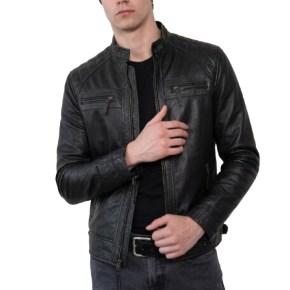 Men's Black Leather Biker Style Quilted Shoulder Jacket