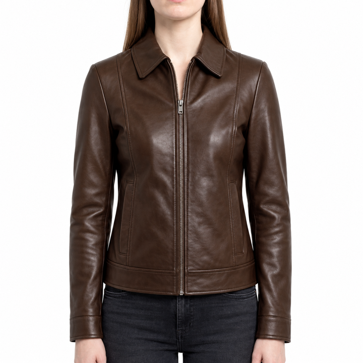 Women's Brown Shirt Collar Harrington Leather Jacket