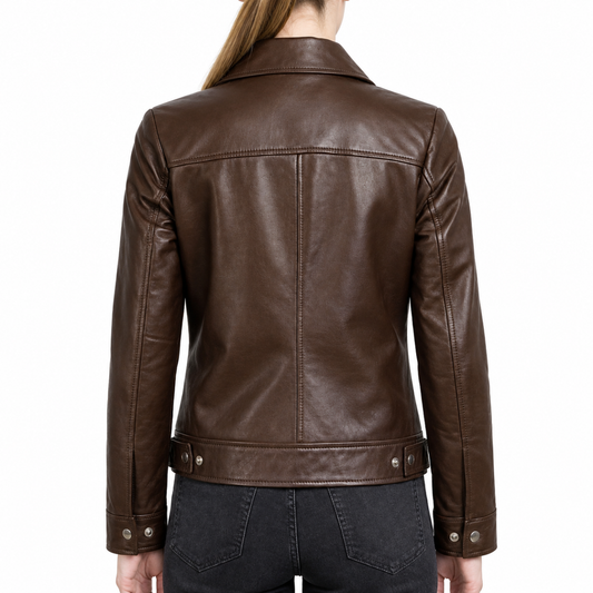 Women's Brown Shirt Collar Harrington Leather Jacket