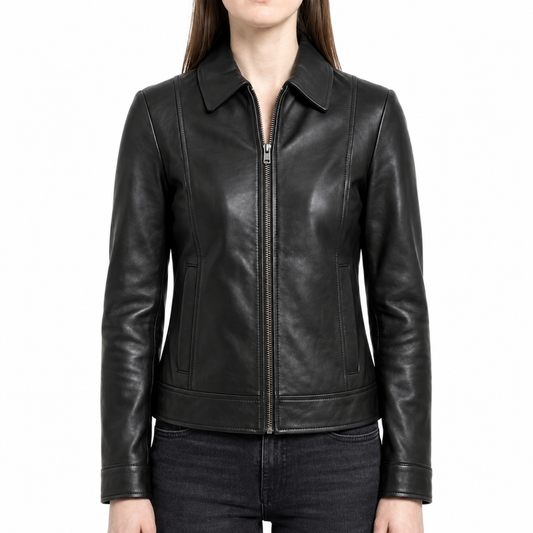 Women's Black Shirt Collar Harrington Leather Jacket