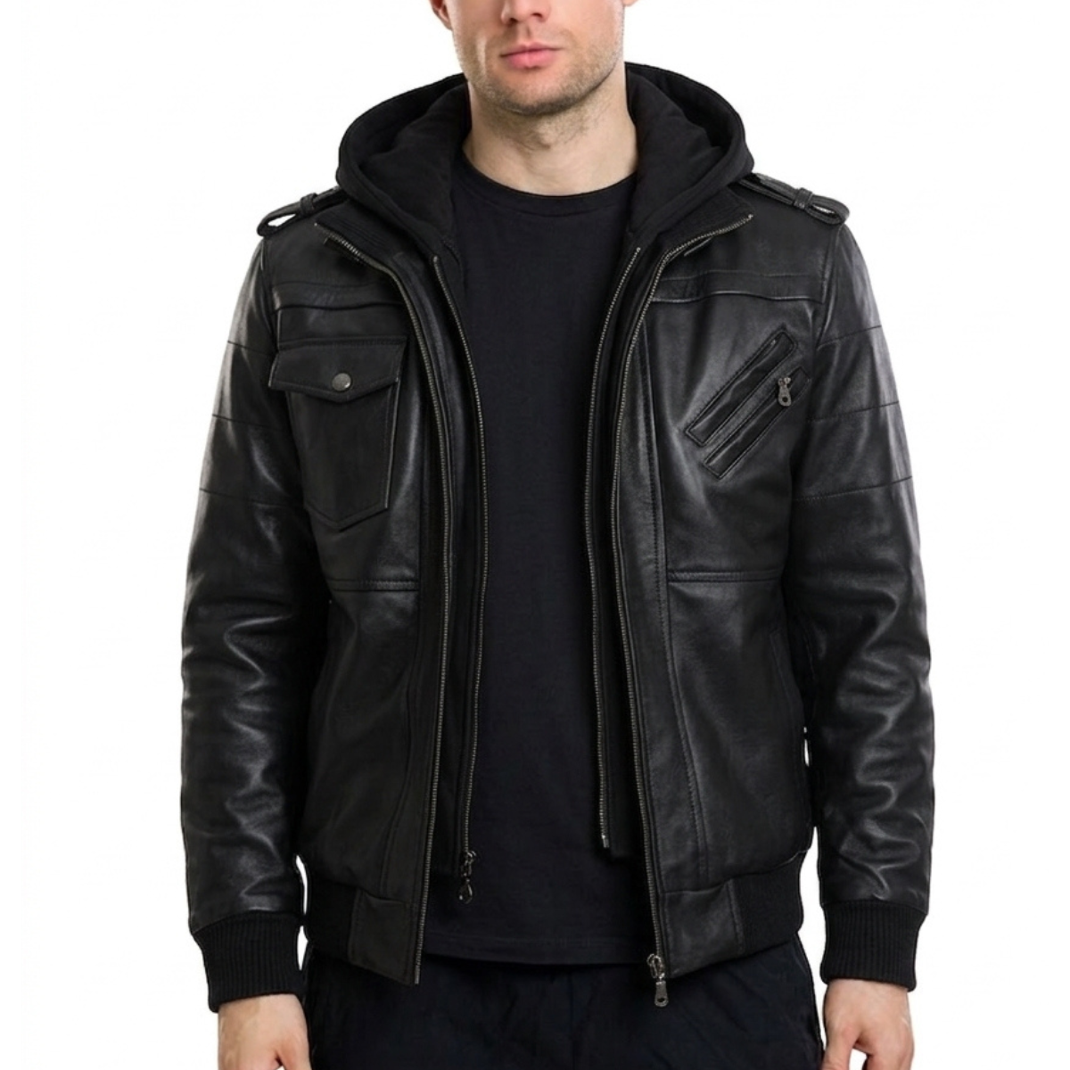 Mens Black Leather Hooded Jacket with Removable Hood