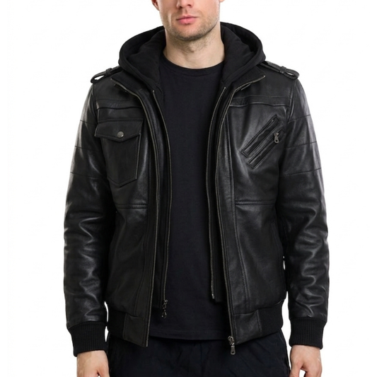 Mens Black Leather Hooded Jacket with Removable Hood